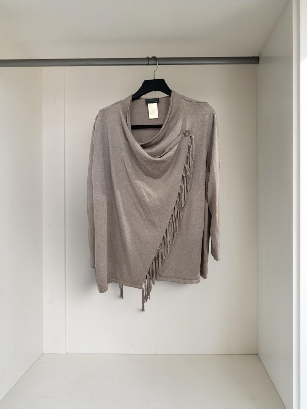 Fringed Draped Poncho Sweater in Taupe
